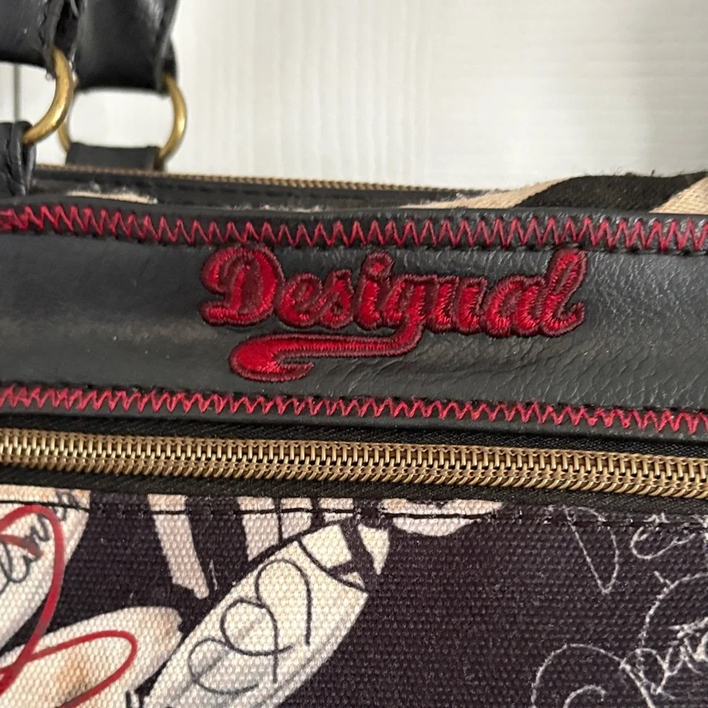 Desigual Black Satchel Red & White Floral Detail Top Handle w. Crossbody Strap